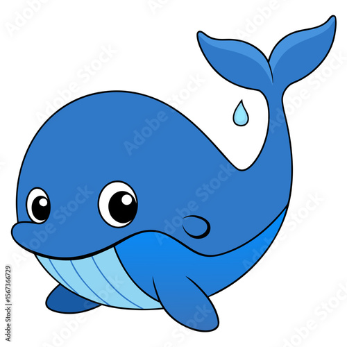 Blue kawaii whale with water spout and smiling eyes, chibi-style vector, isolated on white background