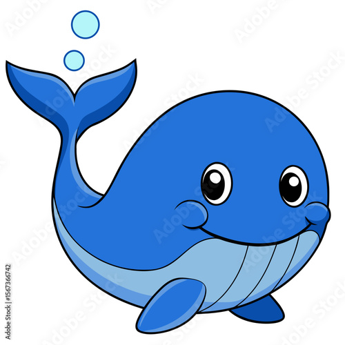 Blue kawaii whale with water spout and smiling eyes, chibi-style vector, isolated on white background