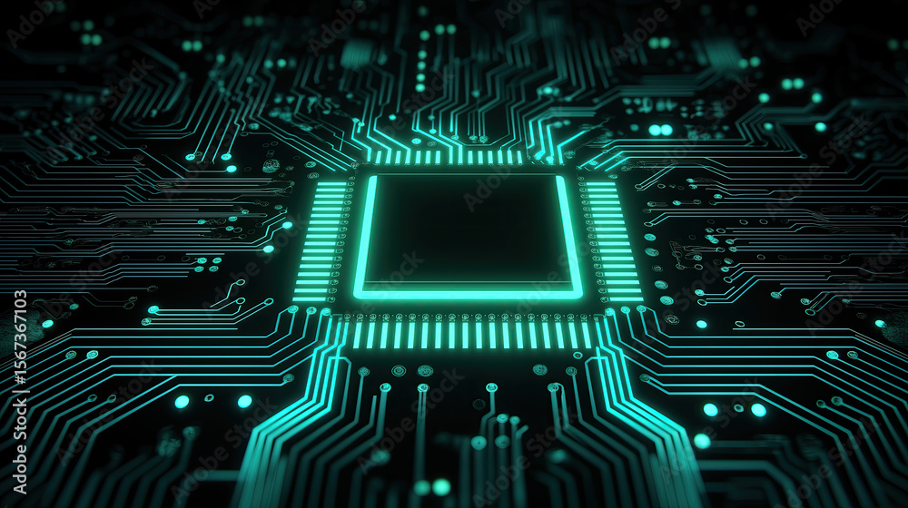Fototapeta premium Neon-Lit Circuit Board Top‑Down with Glowing Blue‑Green Chips on Grid