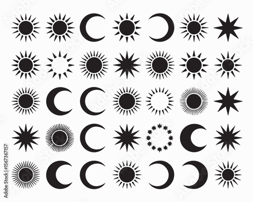 Crescent moon icon collection features varied crescent designs with stars, decorative patterns in black. Perfect moon vector set for celestial themes, spiritual designs, or astronomical projects