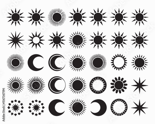 Crescent moon icon collection features varied crescent designs with stars, decorative patterns in black. Perfect moon vector set for celestial themes, spiritual designs, or astronomical projects