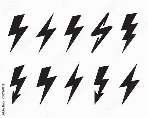Lightning bolt icons set, black outline of flash lightning bolt icon vector illustration. Energy, power symbol.