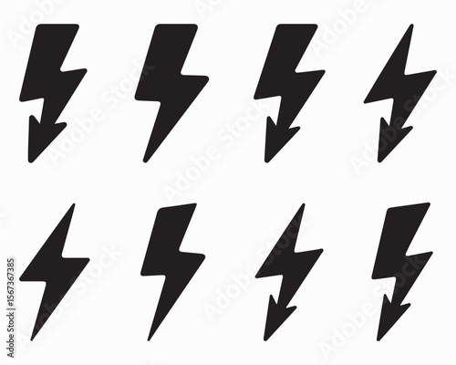 Lightning bolt icons set, black outline of flash lightning bolt icon vector illustration. Energy, power symbol.