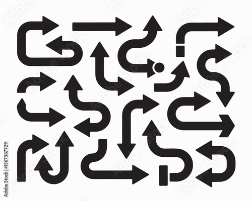 Arrow silhouette vector set, black directional icons, various arrows, abstract design, seamless pattern, navigation symbols, diverse arrow shapes
