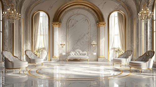 Grand Royal Palace Interior with Marble Columns, Gold Arches, Ornate Chandeliers, Classic White Furniture, and Luxurious 3D Architectural Elegance in an Opulent Decorative Scene
