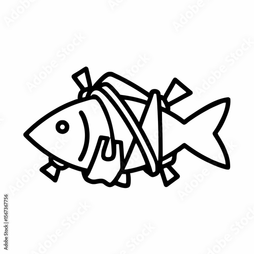 Minimalist Outline Fish in Plastic Debris Icon – Ocean Pollution Impact on Marine Life, Zero Waste Concept