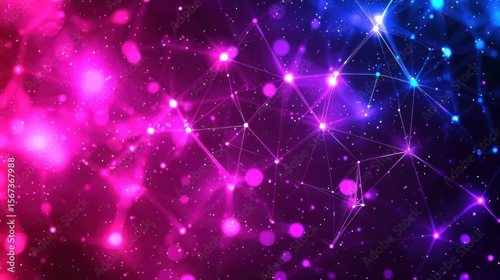 Fototapeta premium Abstract pink-blue connected dots, sparkly, nebulous