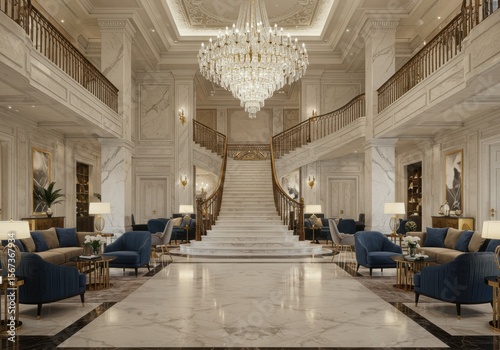 Grand hotel lobby featuring a staircase chandelier and seating areas with elegant design elements