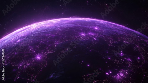 Fototapeta Naklejka Na Ścianę i Meble -  Futuristic Global Network on Earth at Night with Purple Lights earth night futuristic global network