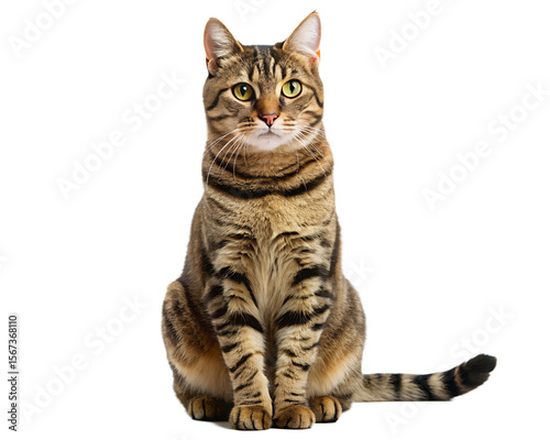 A beautiful tabby cat with green eyes sits attentively isolated on white background