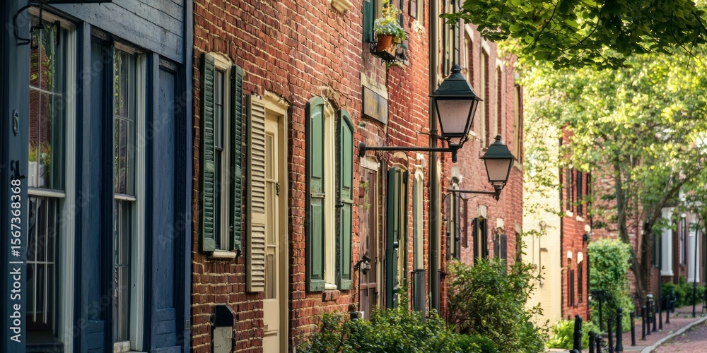 Fototapeta premium A historic neighborhood with rustic brick facades and antique street lamps