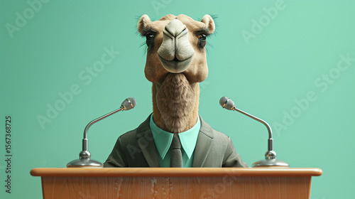  A camel in business attire delivering a speech at a podium with microphones