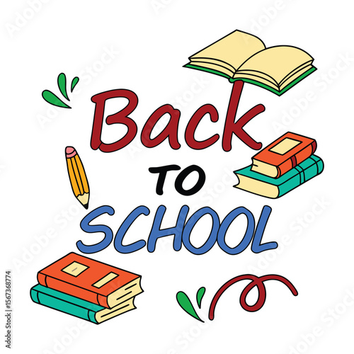 Bright and cheerful illustration celebrating the excitement of returning to school with books and a pencil
