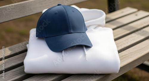 A plain baseball cap resting on a folded blank hoodie on wooden bench, both items having visible front areas free of logos or designs