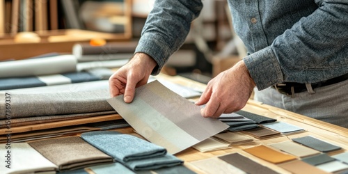 A home decorator selecting fabric samples and color palettes for a project