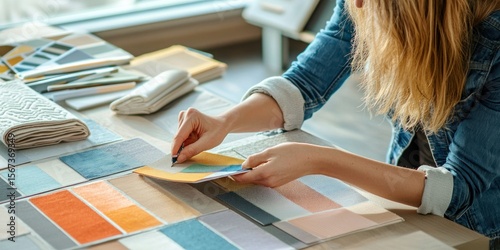 A home decorator selecting fabric samples and color palettes for a project