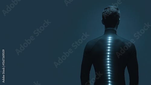 Backlit spine on man's back, dark background