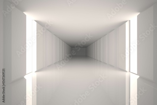 White corridor is extending toward vanishing point in 3D scene with light panels and mirror floor