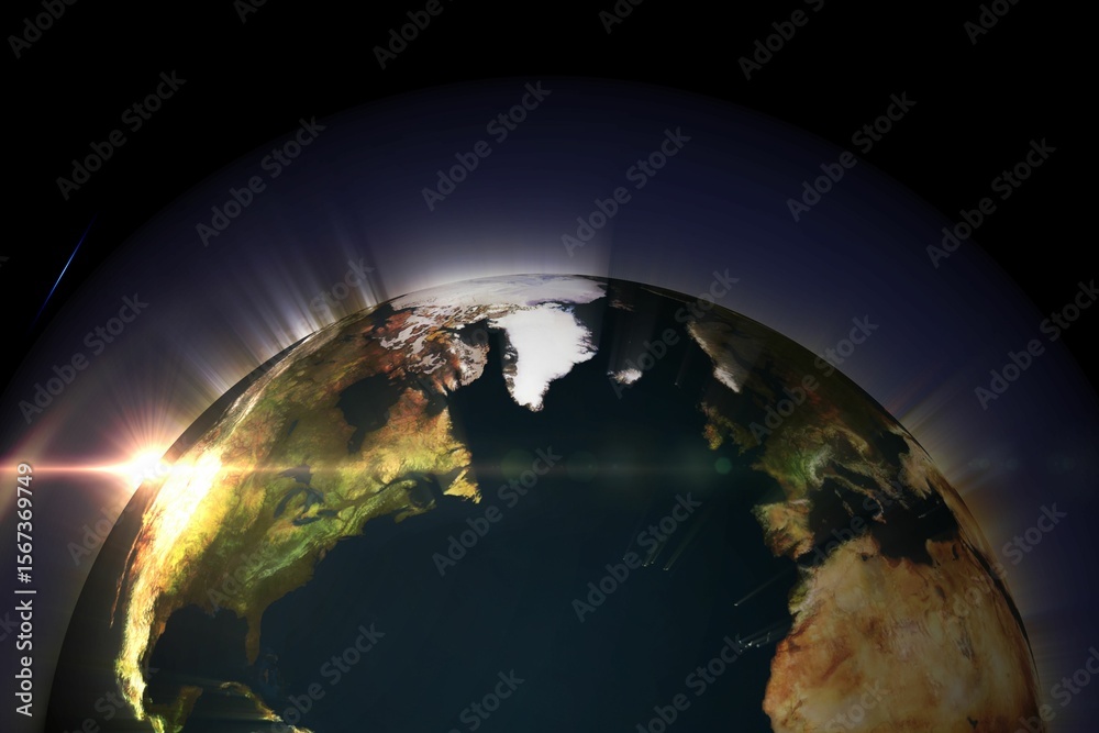 Fototapeta premium Vector flat design is showing illuminated Earth hemisphere in outer space view with sun lens flare