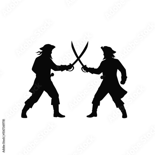 Two pirates dueling with swords silhouette fighting