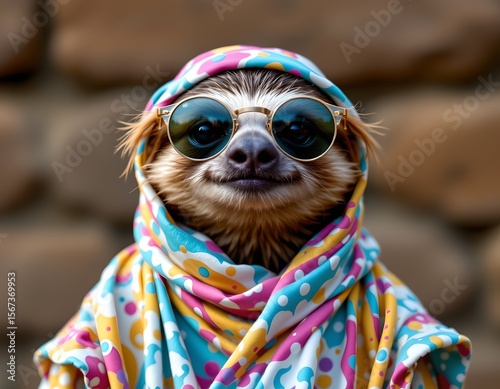 there is a sloth in sunglasses, wearing a colorful bandana with sunburnt fur around its head, peeking out from under it. the sloth has a content expression on its face
