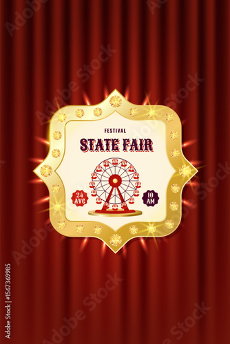 Retro festival State fair badge with ferris wheel and gold details. Template for event branding, flyers, posters or souvenirs. Verical vector illustration