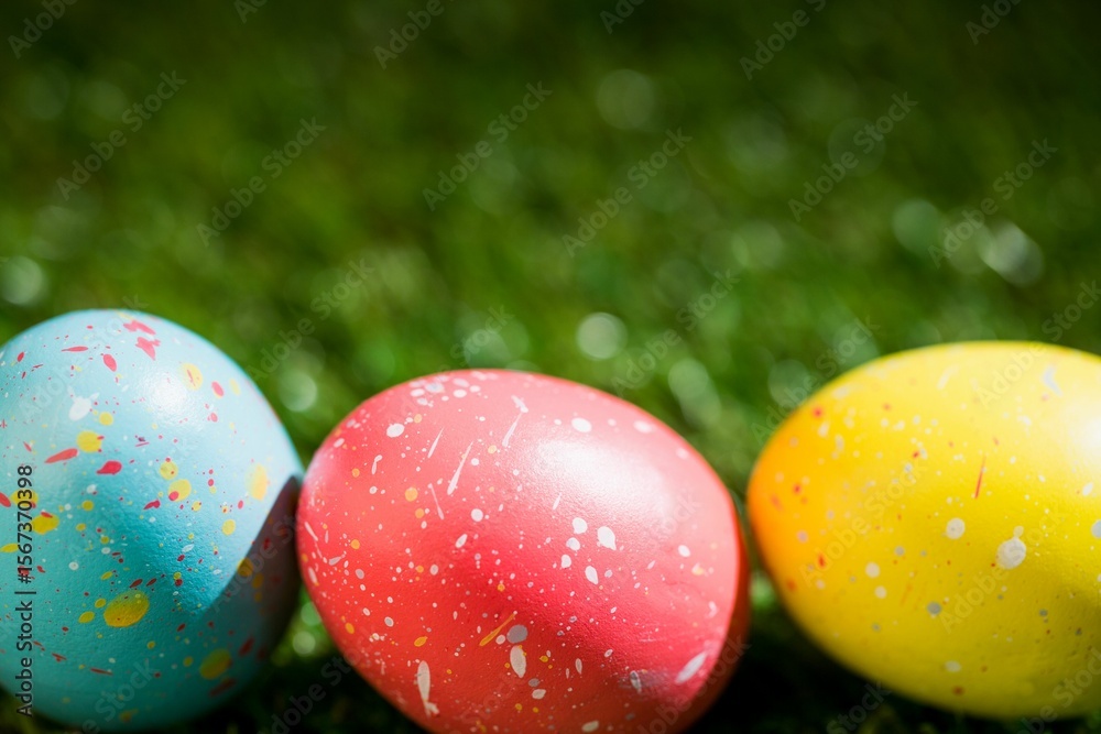 Naklejka premium Easter eggs on grass in garden