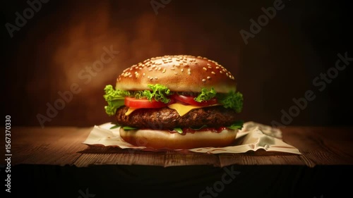 A mouthwatering burger features fresh lettuce, ripe tomatoes, melted cheese, and a savory beef patty. The sesame seed bun adds a delightful crunch, creating an inviting meal