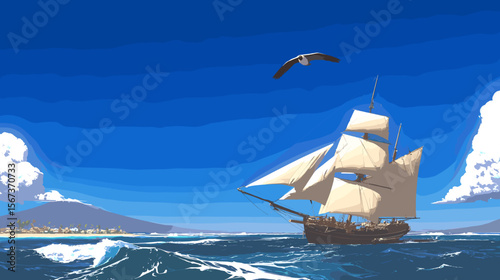 青い海を進む帆船のベクターイラスト