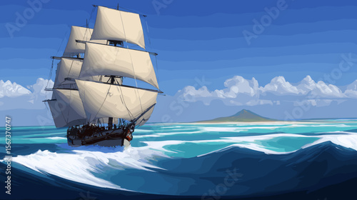 青い海を進む帆船のベクターイラスト