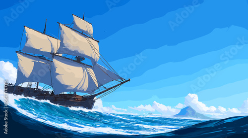 青い海を進む帆船のベクターイラスト