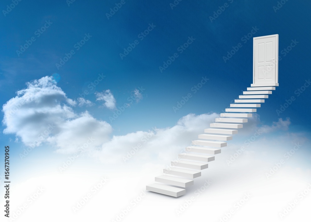 Obraz premium Steps leading to closed door in the sky