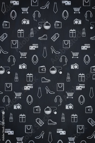 Repeating grid is showing chalk-like line art shopping icons in white on dark slate background