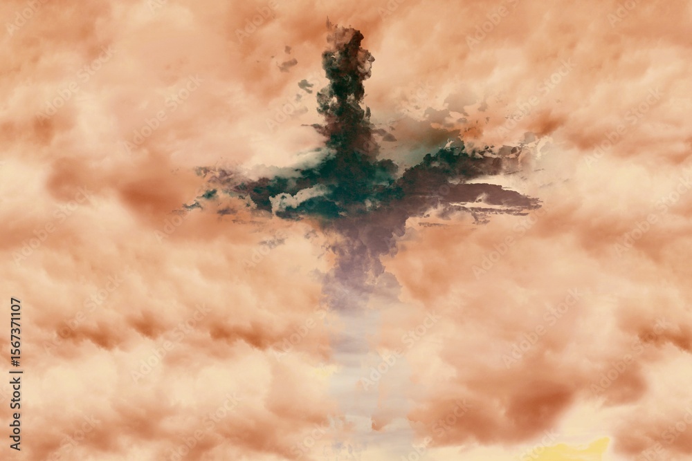 Obraz premium Flat design showing vertical cloud plume rising from warm-toned cloud sea glowing orange at sunset