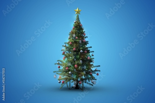 Decorated Christmas tree is standing in flat design blue gradient backdrop, string lights, baubles
