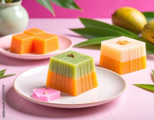 kue lapis, taburan kelapa, daun pisang, tradisional indonesia, food photography