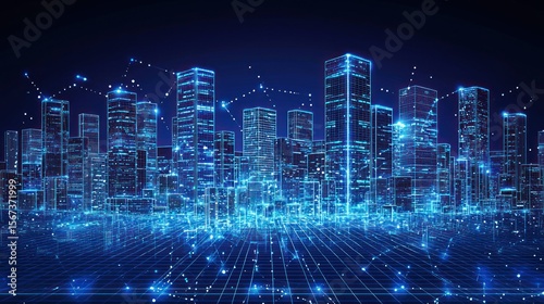 Blue city wireframe, connected by networks, glowing grid