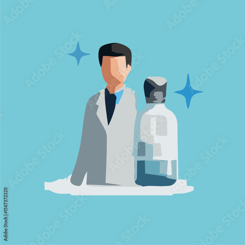 Cartoon vector illustration of a businessman in a suit with a money bag, or a security officer with an icon of a person at work