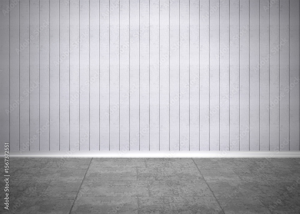 Naklejka premium Showing interior with white wood-paneled wall, baseboard trim, grooves and gray concrete tile floor