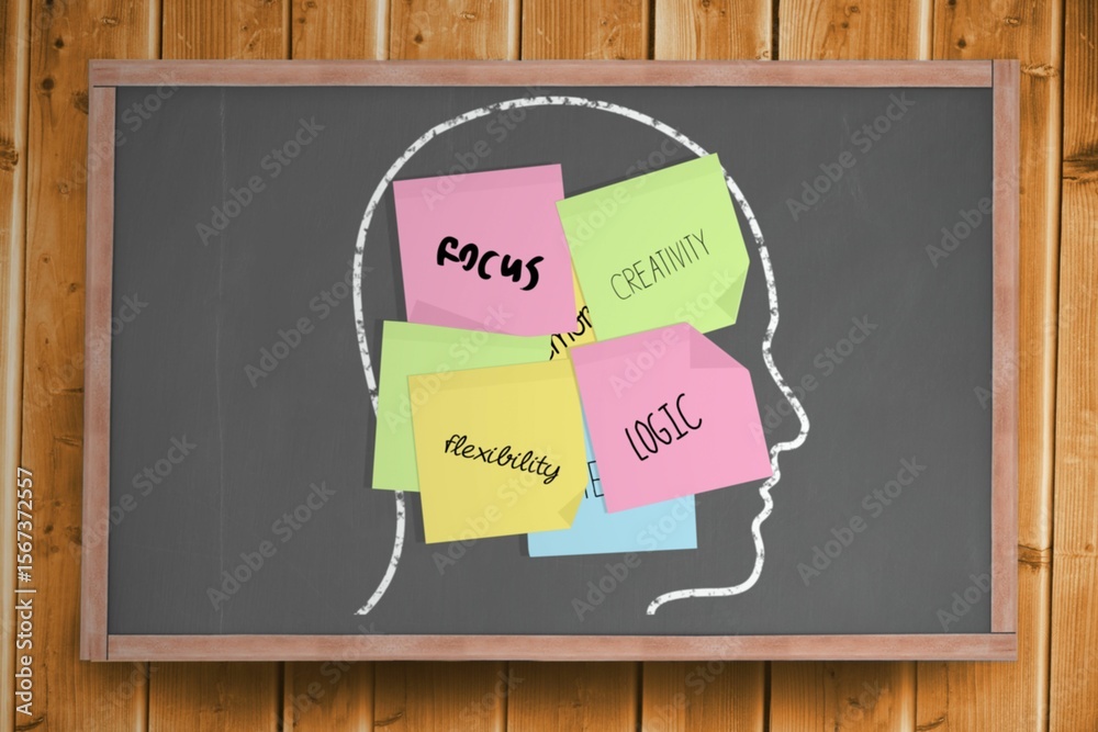 Obraz premium Chalk head with business attributes post it notes