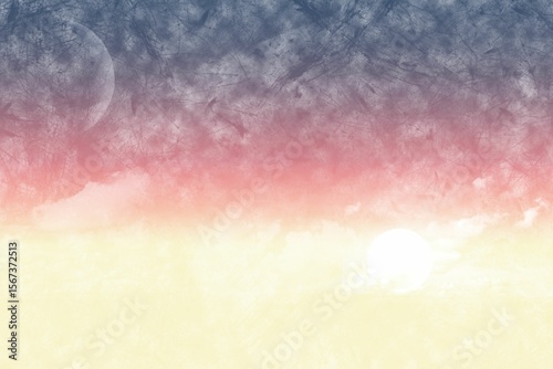 Textured gradient sky vector featuring sun orb rising near horizon right, moon shape hovering left
