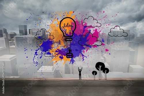 Hot air balloon on splashes over cityscape
