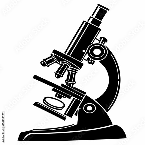 Black silhouette of a compound microscope on a white background