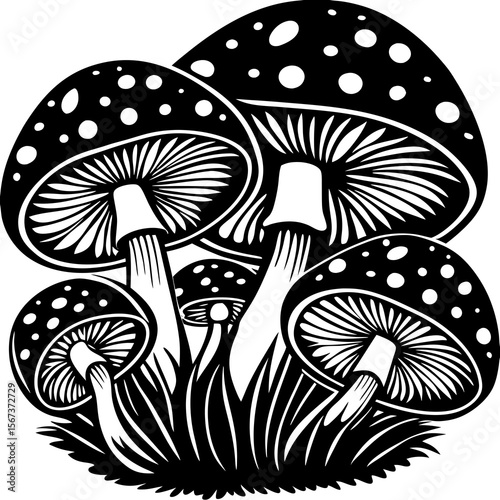 Stylized black and white illustration of spotted mushrooms in grass