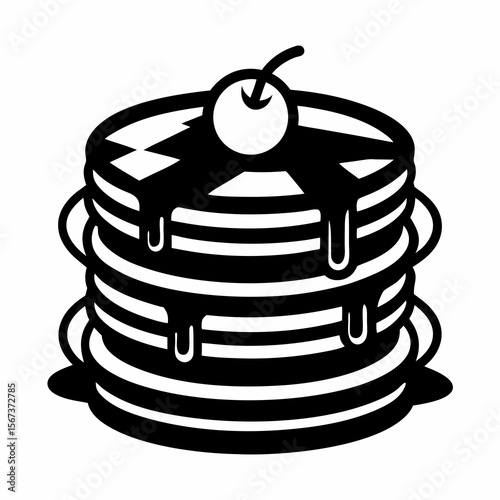 Stylized stack of pancakes with cherry and syrup drizzle
