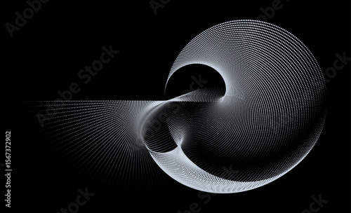 A dynamic wave of particles and halftone gradients forms a fluid dotted curve, featuring flowing dots and lines on a black background, ideal for technology, sound, and music visualization.