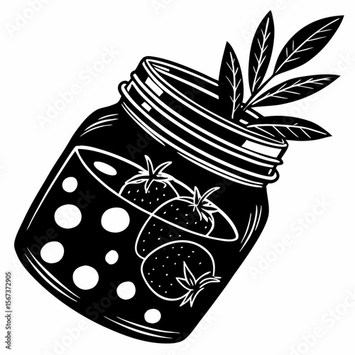 Black and white illustration of strawberries preserved in a jar with leaves