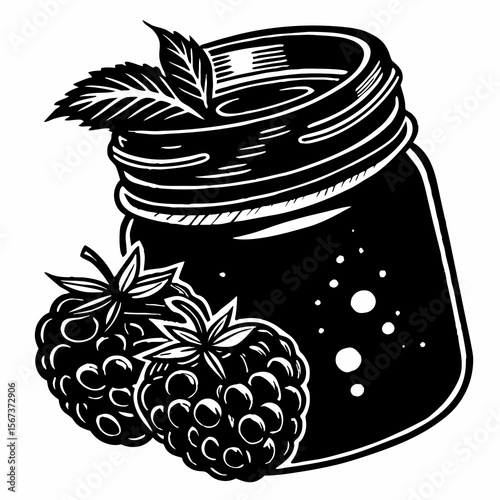 Black and white illustration of a jar of raspberry jam with fresh berries