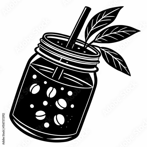 Stylized black and white illustration of a refreshing drink in a jar