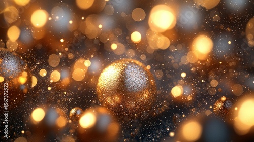 Blurred, golden orbs floating, sparkles in dark space